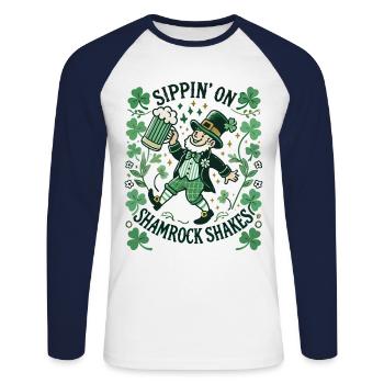 Siroter des shakes Shamrock pour la Saint-Patrick - T-shirt baseball manches longues Homme - blanc/marine - Devant - Nik (191cm)