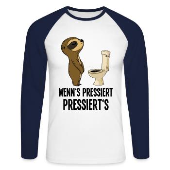 Sloth pees toilets humor when it's pressed - Unisex Long Sleeve Baseball T-Shirt - white/navy - Front - Nik (191cm)