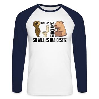 Morning Sloth Capybara First peeing then coffee - Unisex Long Sleeve Baseball T-Shirt - white/navy - Front - Nik (191cm)