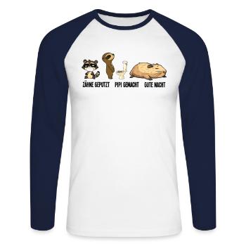 Gute Nacht Waschbär Faultier Capybara Schlafshirt - Unisex Baseballshirt langarm - Weiß/Navy - Vorne - Nik (191cm)