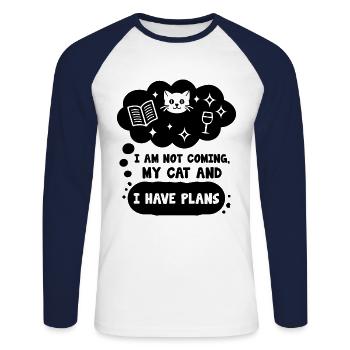 Je ne viens pas mon chat et j’ai des plans Dictons - T-shirt baseball manches longues Homme - blanc/marine - Devant - Nik (191cm)