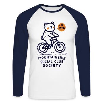 Vélo Ours Mountain Bike Club Style Rétro - T-shirt baseball manches longues Homme - blanc/marine - Devant - Nik (191cm)