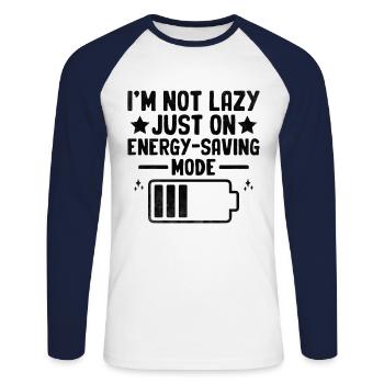 Ich bin nicht faul, nur auf Energiesparmodus Sarkasmus zu setzen - Unisex Baseballshirt langarm - Weiß/Navy - Vorne - Nik (191cm)