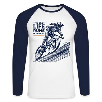 Fahrrad Abfahrt Retro The Best Life Runs Downhill - Unisex Baseballshirt langarm - Weiß/Navy - Vorne - Nik (191cm)