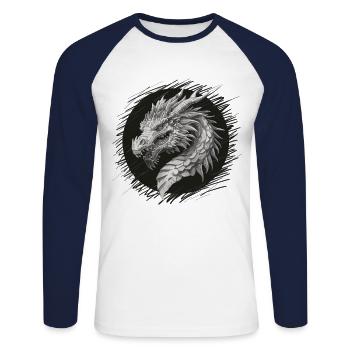 Drachenkopf im Fokus - Unisex Baseballshirt langarm - Weiß/Navy - Vorne - Nik (191cm)
