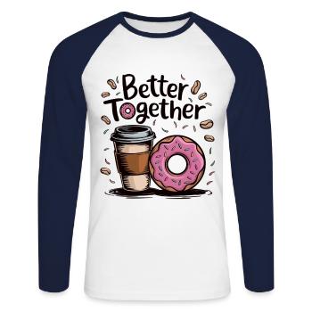 Café et beignet – mieux ensemble - T-shirt baseball manches longues Homme - blanc/marine - Devant - Nik (191cm)
