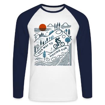 Aventure à vélo Paysage de montagne Plaisir - T-shirt baseball manches longues Homme - blanc/marine - Devant - Nik (191cm)