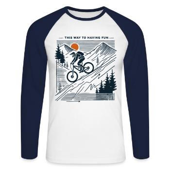 Aventure à vélo Montagne Plaisir - T-shirt baseball manches longues Homme - blanc/marine - Devant - Nik (191cm)