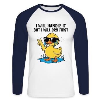 Ich werde damit umgehen Sarkasmus Sarkastisch - Unisex Baseballshirt langarm - Weiß/Navy - Vorne - Nik (191cm)