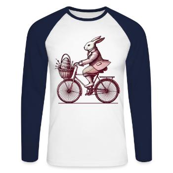 Lapin de Pâques Vélo Style Rétro - T-shirt baseball manches longues Homme - blanc/marine - Devant - Nik (191cm)