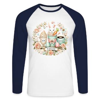 Lapin de Pâques Café Latte Macchiato de Pâques Design - T-shirt baseball manches longues Homme - blanc/marine - Devant - Nik (191cm)