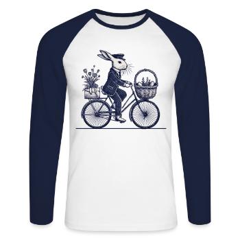 Lapin vintage de Pâques sur vélo dans un style rétro - T-shirt baseball manches longues Homme - blanc/marine - Devant - Nik (191cm)