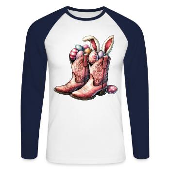 Bottes de cow-boy rétro de Pâques avec des œufs - T-shirt baseball manches longues Homme - blanc/marine - Devant - Nik (191cm)