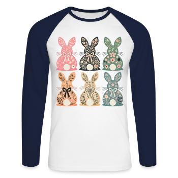 Ostern Blumenhasen Retro Vintage Stil - Unisex Baseballshirt langarm - Weiß/Navy - Vorne - Nik (191cm)