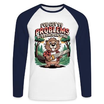 Biber-Spruch: Kein Problem mit Birke - Unisex Baseballshirt langarm - Weiß/Navy - Vorne - Nik (191cm)