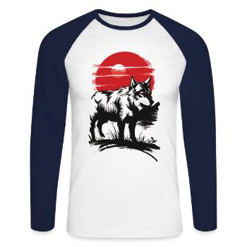 Mystischer Wolf bei Sonnenuntergang - Unisex Baseballshirt langarm - Weiß/Navy - Vorne - Nik (191cm)