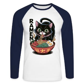 Ramen Katze mit großen Augen - Unisex Baseballshirt langarm - Weiß/Navy - Vorne - Nik (191cm)