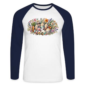 Amateurs de café de Pâques : Lapin de Pâques et défilé de fleurs - T-shirt baseball manches longues Homme - blanc/marine - Devant - Nik (191cm)