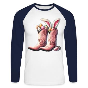 Bottes de cow-boy de Pâques avec des oeufs rétro - T-shirt baseball manches longues Homme - blanc/marine - Devant - Nik (191cm)
