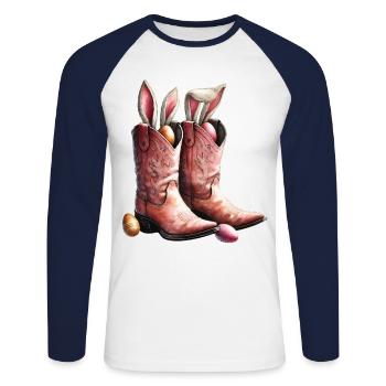 Bottes rétro de cow-boy de Pâques avec oreilles de lapin Vintage - T-shirt baseball manches longues Homme - blanc/marine - Devant - Nik (191cm)