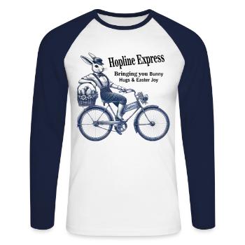 Easter Retro Bunny Bicycle Joy Hopline - Unisex Long Sleeve Baseball T-Shirt - white/navy - Front - Nik (191cm)