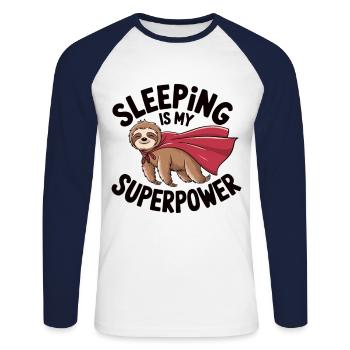 Chemise paresseux – Le sommeil est mon superpouvoir - T-shirt baseball manches longues Homme - blanc/marine - Devant - Nik (191cm)