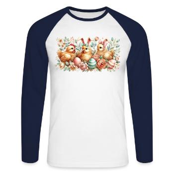 Poussin de Pâques Vintage Retro Poulets - T-shirt baseball manches longues Homme - blanc/marine - Devant - Nik (191cm)