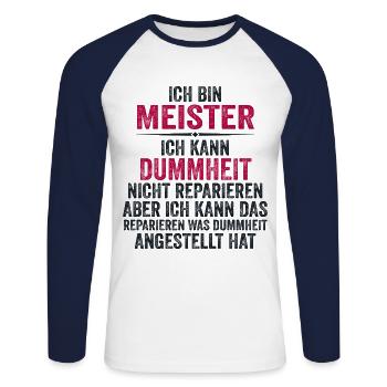 Lustiger Meister Spruch Geschenk - Unisex Baseballshirt langarm - Weiß/Navy - Vorne - Nik (191cm)