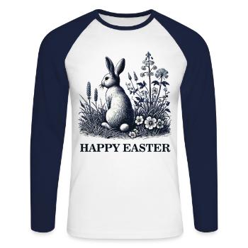 Pâques Rétro Lapin Fleurs Vintage Esthétique - T-shirt baseball manches longues Homme - blanc/marine - Devant - Nik (191cm)