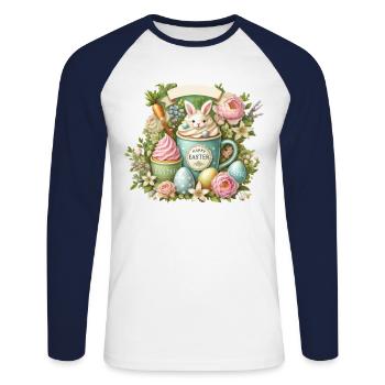 Osterhase Kaffeetasse Happy Easter - Unisex Baseballshirt langarm - Weiß/Navy - Vorne - Nik (191cm)