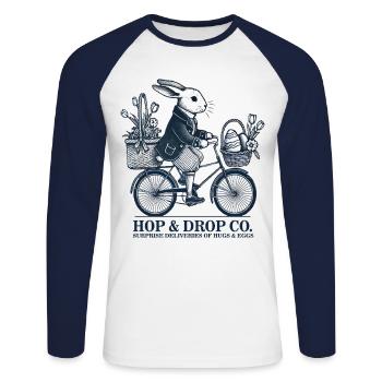 Easter Retro Bunny Surprise Deliveries Bicycle - Unisex Long Sleeve Baseball T-Shirt - white/navy - Front - Nik (191cm)