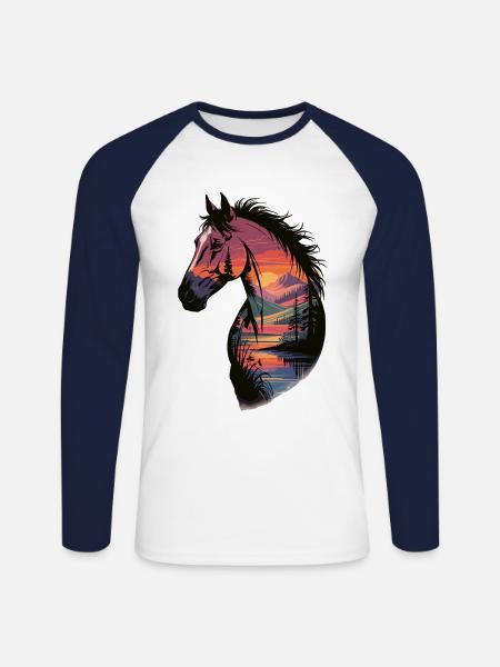 Wildpferd Landschaftskunst - Unisex Baseballshirt langarm - Weiß/Navy