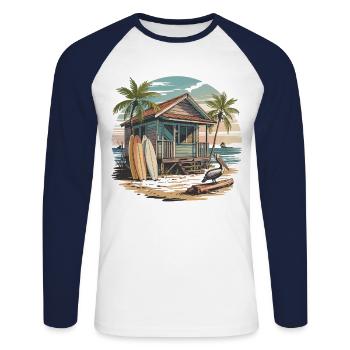 Palmen, Wellen & Freiheit - Surfhaus am Strand - Unisex Baseballshirt langarm - Weiß/Navy - Vorne - Nik (191cm)