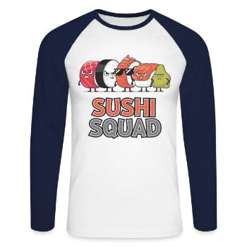 L’équipe Sushi unie - Sushi Squad Crew - T-shirt baseball manches longues Homme - blanc/marine - Devant - Nik (191cm)