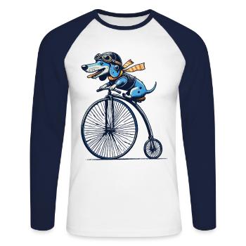 Dachshund on bike for retro lovers with style - Unisex Long Sleeve Baseball T-Shirt - white/navy - Front - Nik (191cm)