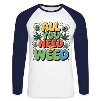 Pure stoner love - All You Need is Weed - Unisex Long Sleeve Baseball T-Shirt - white/navy - Front - Nik (191cm)