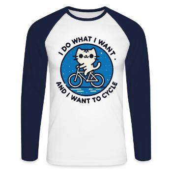 Retro cat motif on bicycle with humor and power - Unisex Long Sleeve Baseball T-Shirt - white/navy - Front - Nik (191cm)
