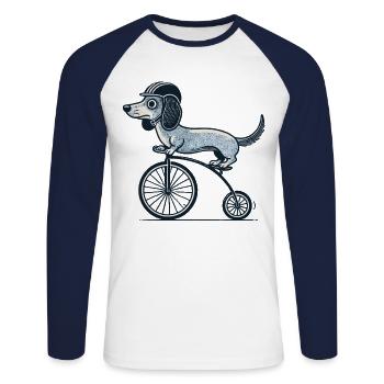 Teckel amusant à vélo pour les amoureux des chiens - T-shirt baseball manches longues Homme - blanc/marine - Devant - Nik (191cm)