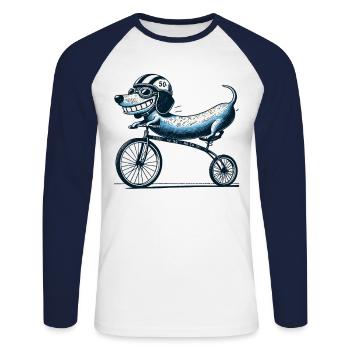 Retro Hundemotiv mit Fahrrad für Radfreunde - Unisex Baseballshirt langarm - Weiß/Navy - Vorne - Nik (191cm)