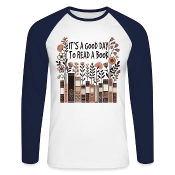 Bookworm Funny Book Saying Reading Is Therapy - Unisex Long Sleeve Baseball T-Shirt - white/navy - Front - Nik (191cm)