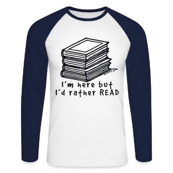 Conception de livre rétro pour les lecteurs fréquents et les amateurs de livres - T-shirt baseball manches longues Homme - blanc/marine - Devant - Nik (191cm)