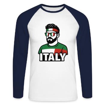 Design de ventilateur en Italie avec une figurine cool – Look Italie - T-shirt baseball manches longues Homme - blanc/marine - Devant - Nik (191cm)