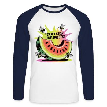 Pastèque et abeilles – Désir de sucreries - T-shirt baseball manches longues Homme - blanc/marine - Devant - Nik (191cm)