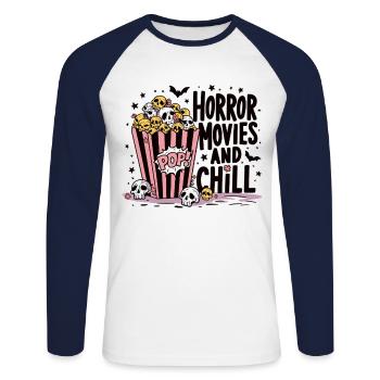 Horror Movies and Chill Horror Movie Popcorn Shirt - Unisex Long Sleeve Baseball T-Shirt - white/navy - Front - Nik (191cm)