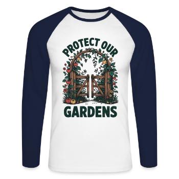 L’amour du jardin avec un message - Protégeons nos jardins - T-shirt baseball manches longues Homme - blanc/marine - Devant - Nik (191cm)