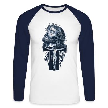 Jesus on the Cross - Faith, Hope, Redemption - Unisex Long Sleeve Baseball T-Shirt - white/navy - Front - Nik (191cm)