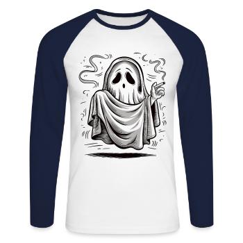 Fantôme à l’humour noir - Fantôme fumant - T-shirt baseball manches longues Homme - blanc/marine - Devant - Nik (191cm)
