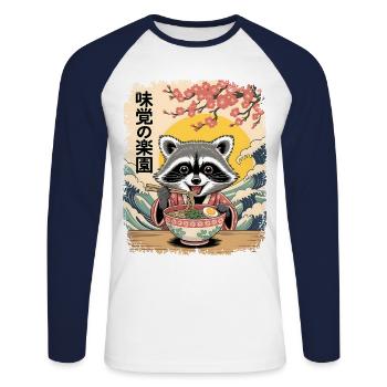 Raton laveur kawaii mangeant des nouilles ramen Art japonais - T-shirt baseball manches longues Homme - blanc/marine - Devant - Nik (191cm)