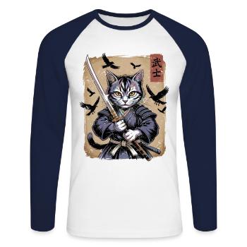 Ukiyo-e Art Japonais Kawaii Samurai Cat Art - T-shirt baseball manches longues Homme - blanc/marine - Devant - Nik (191cm)