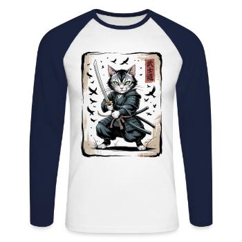 Samurai Katze Vintage Ukiyo-e Krieger Kunst - Unisex Baseballshirt langarm - Weiß/Navy - Vorne - Nik (191cm)
